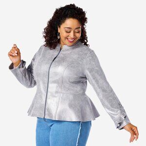 C Wonder by Christian Siriano Metallic Knit Ruffle Jacket Size 2X Antique Silver